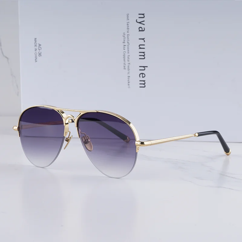 

AMELIA Classial Light Luxury Gold Double Bridge Pilot Sunglasses for Men Designer High Street Half Rimless Alloy Solar Glas