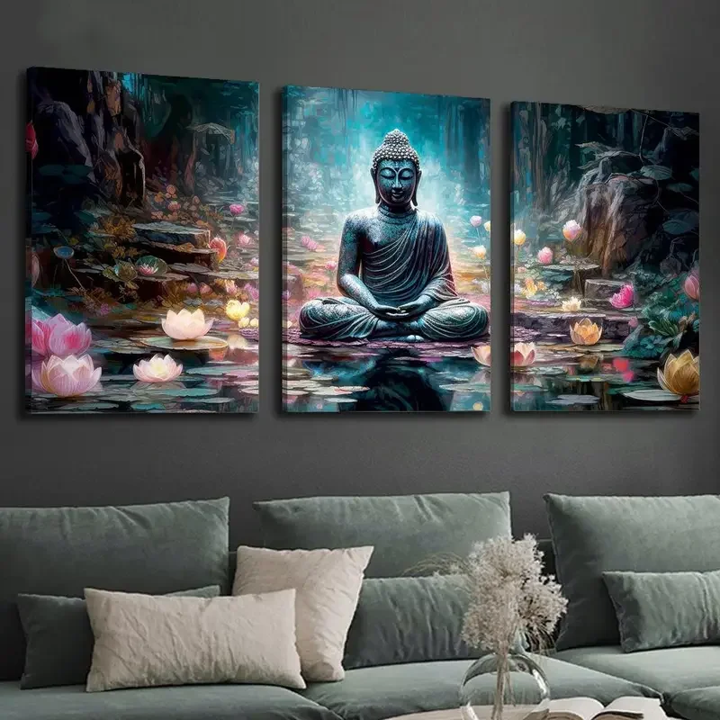 5D Diy Diamond Painting Triptych Buddha Zen Statue 3pcs Full Square Round Pond Lotus FlowersDiamond Embroidery Cross Stitch Kit