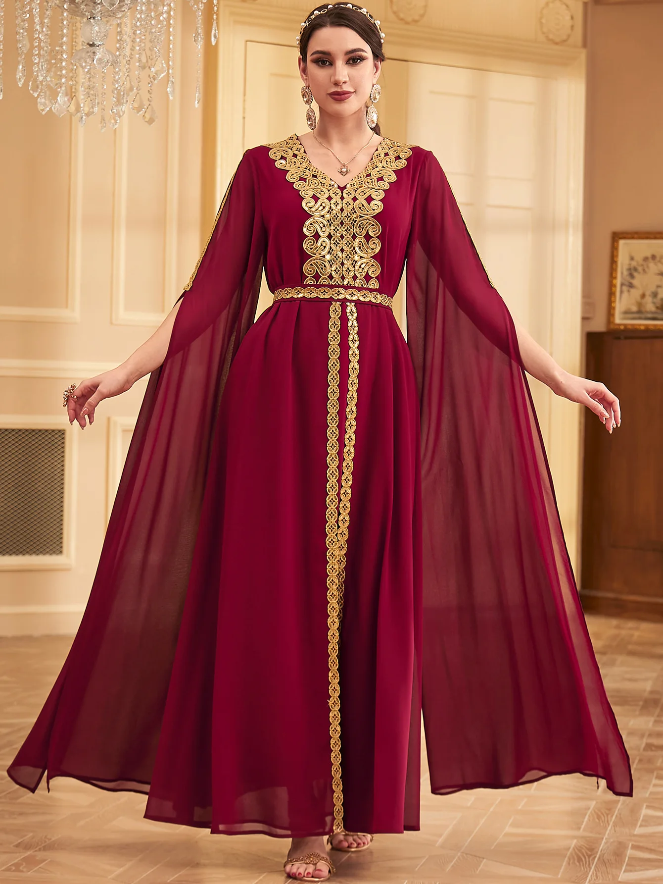 Muslim Women Evening Dress Elegant Chiffon Party Embroidery Largo Tape Trim Belted Abaya Moroccan Caftan Dubai Kaftan Jalabiya