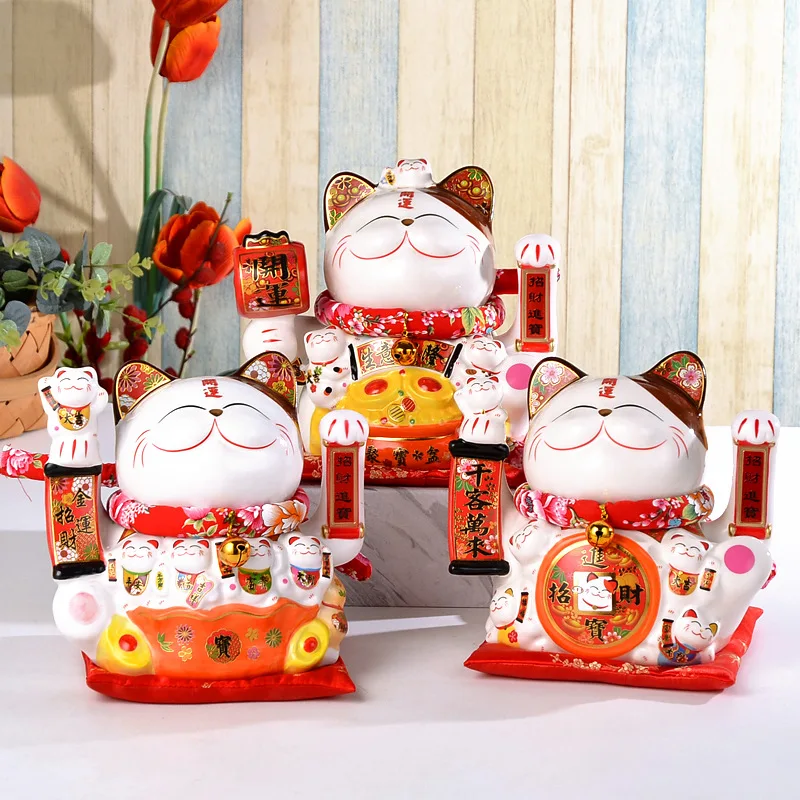 10 Inches Lucky Cat Rocking Hand Ornament Japanese Creative Ceramic Decorations Store Opening Gift Home Living Room Decorations