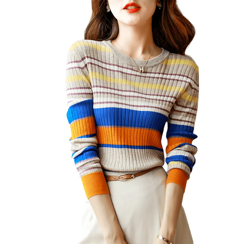 Spring Autumn Chic Casual Long Sleeve Woman Striped Sweater Rainbow Female Cute Harajuku Knitted garment Streetwear