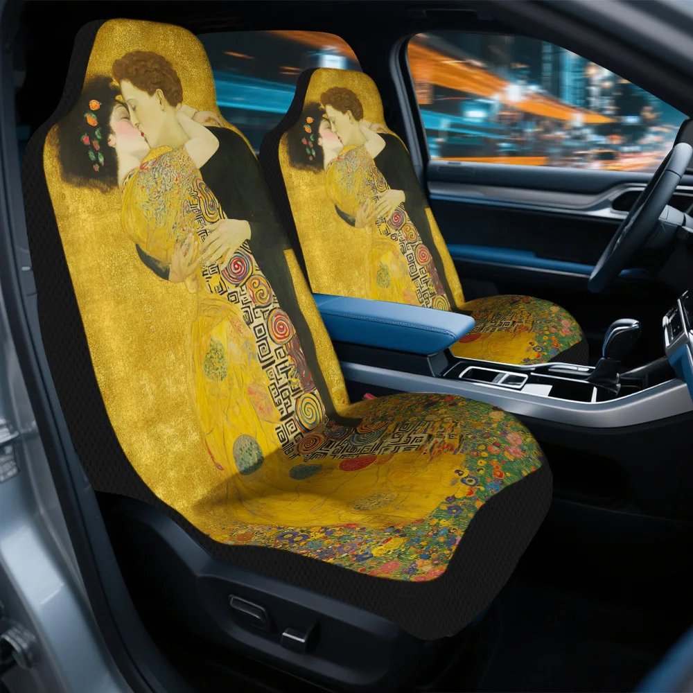 Set Of 2, Gold-Themed Car Seat Covers Featuring Lovers Embrace – Elegant And Long-Lasting Complete Set For Two Front Seats, Univ
