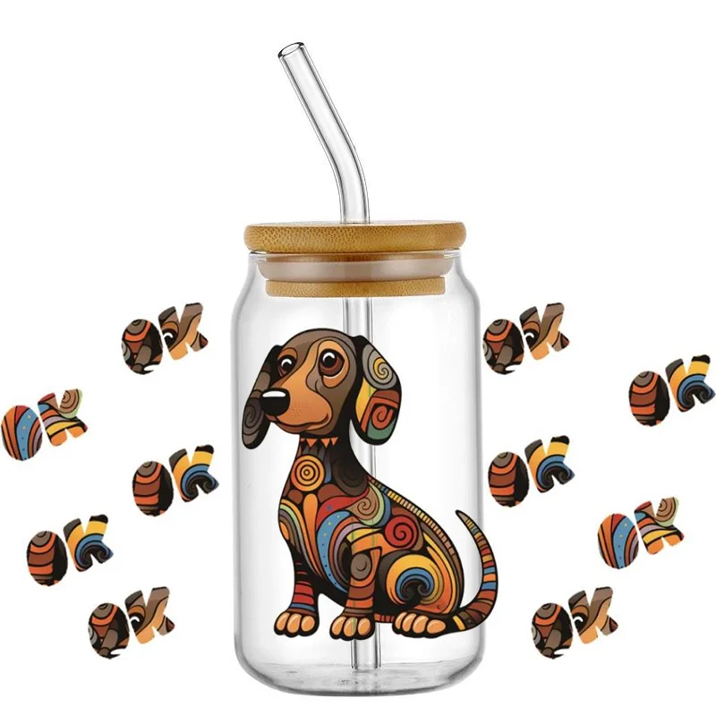 3D impermeabile UV DTF Cup Transfer Sticker Cute Dog Mug decalcomania fai da te per occhiali Libbey da 16 once