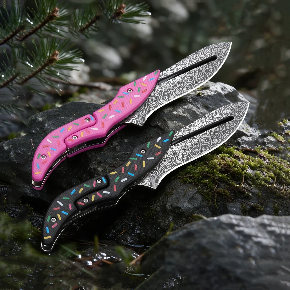 1PC High Appearance Camping Knife, Damascus Pattern & Mechanical Design, Ideal for Hiking, Fishing, Barbecue and Travel