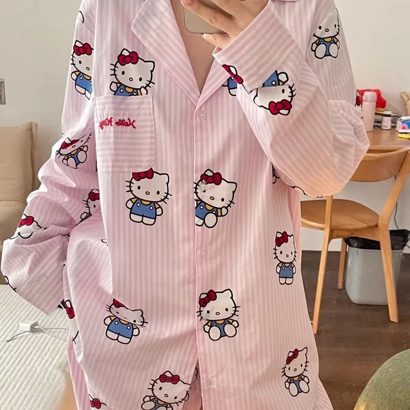 

Милые женские пижамы с мультяшным принтом, повседневная домашняя одежда, комплект с длинными рукавами и брюками, очаровательная пижама для девушек, подарок, милые Hello Kitty