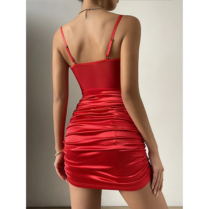 Abrini Women Lace Sheer Sexy Bodycon Dress Sleeveless Spaghetti Strap Pleated Dress Patchwork Slim Partyclub Mini Dress Summer