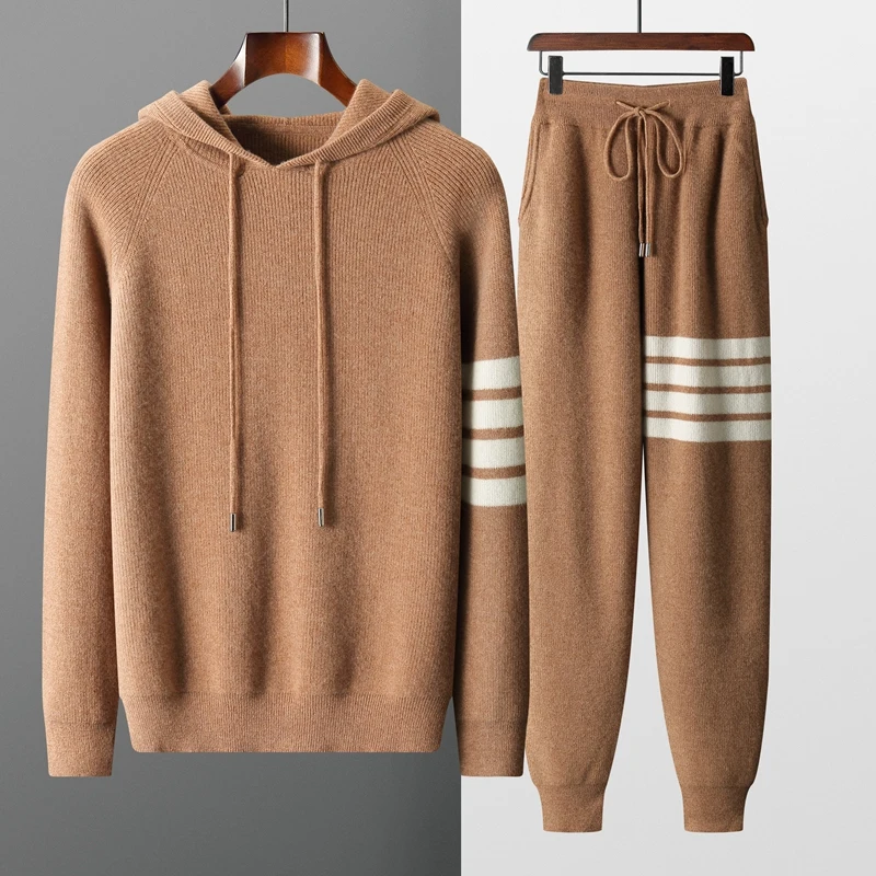 100% pure wool men's hooded pullover thick knit two-piece high waist trousers fashion solid color sweater in autumn and winter.