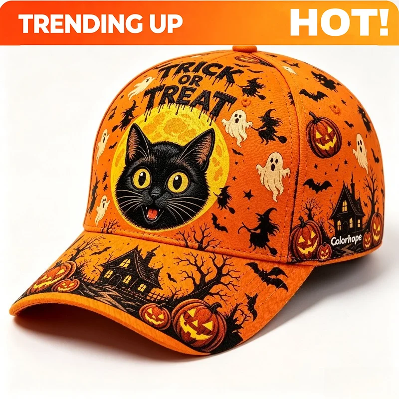 Customization Halloween Trick Or Treat Baseball Cap With Black Cat, Pumpkin & Witch Hat - Adjustable Unisex Dad Hat Suitable For