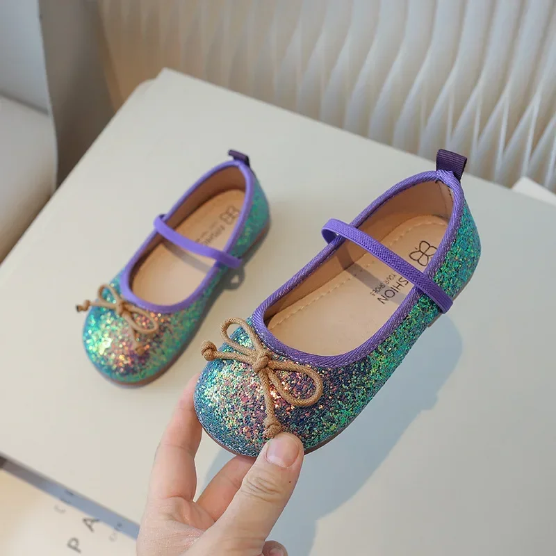 Little Girl Leather Shoes Sequins Fashion Children's Flats for Ballet Versatile Round-toe Kids Causal Princess Shoes Soft Bottom