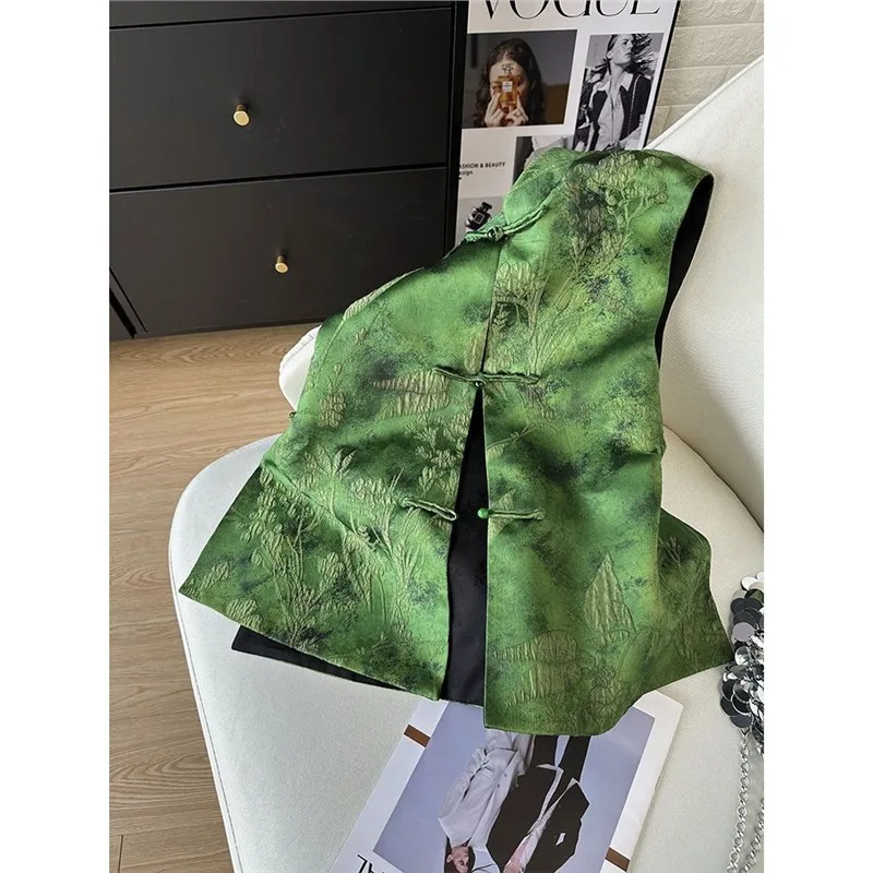 New Retro Chinese Literature Green Jacquard Vest Classical Chic Versatile Waistcoat Female Sleeveless Chinese Style Tops