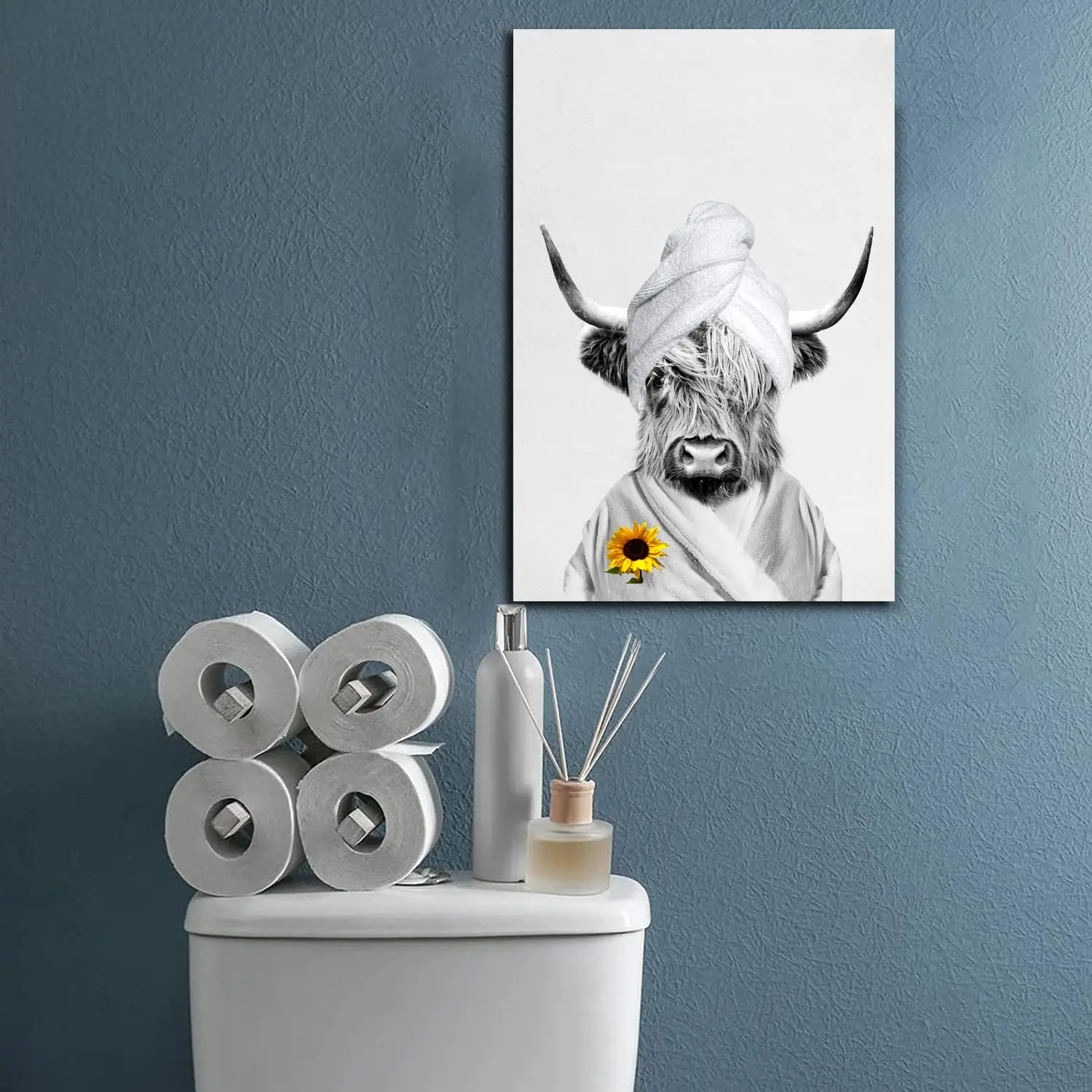 Highland Cow Bathroom Canvas Prints Towel Spa Bathrobe Shower Wall Art Funny Cow Black White Animal Poster Canvas Painting