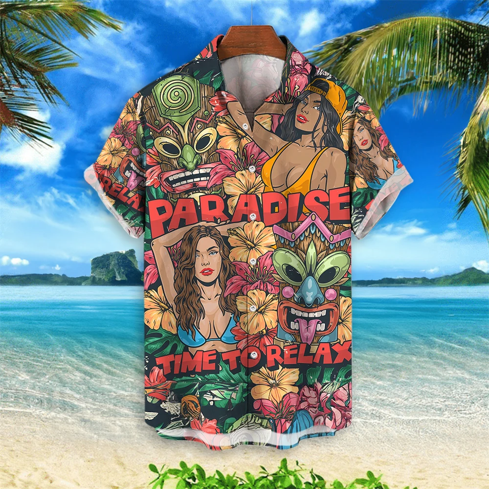 

2024 New Retro Men's Shirt 3d Tiki Print Hawaiian Shirts For Men Loose Casual Male Clothing Fashion Trend Man Short Sleeve Shirt