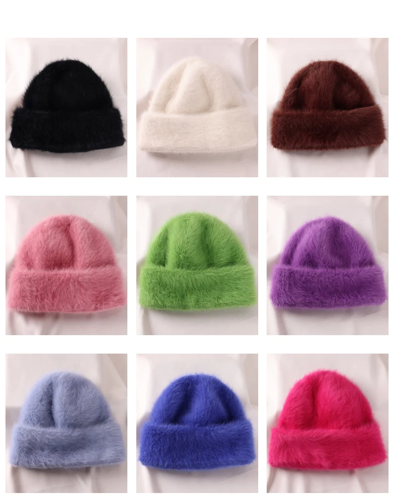2023 Angora Flauschige Strickmütze Kaninchenfell Wintermütze für Damen Damen Mode Warmer Plüschschädel Damen Dicke Fleecemützen – Detail 15