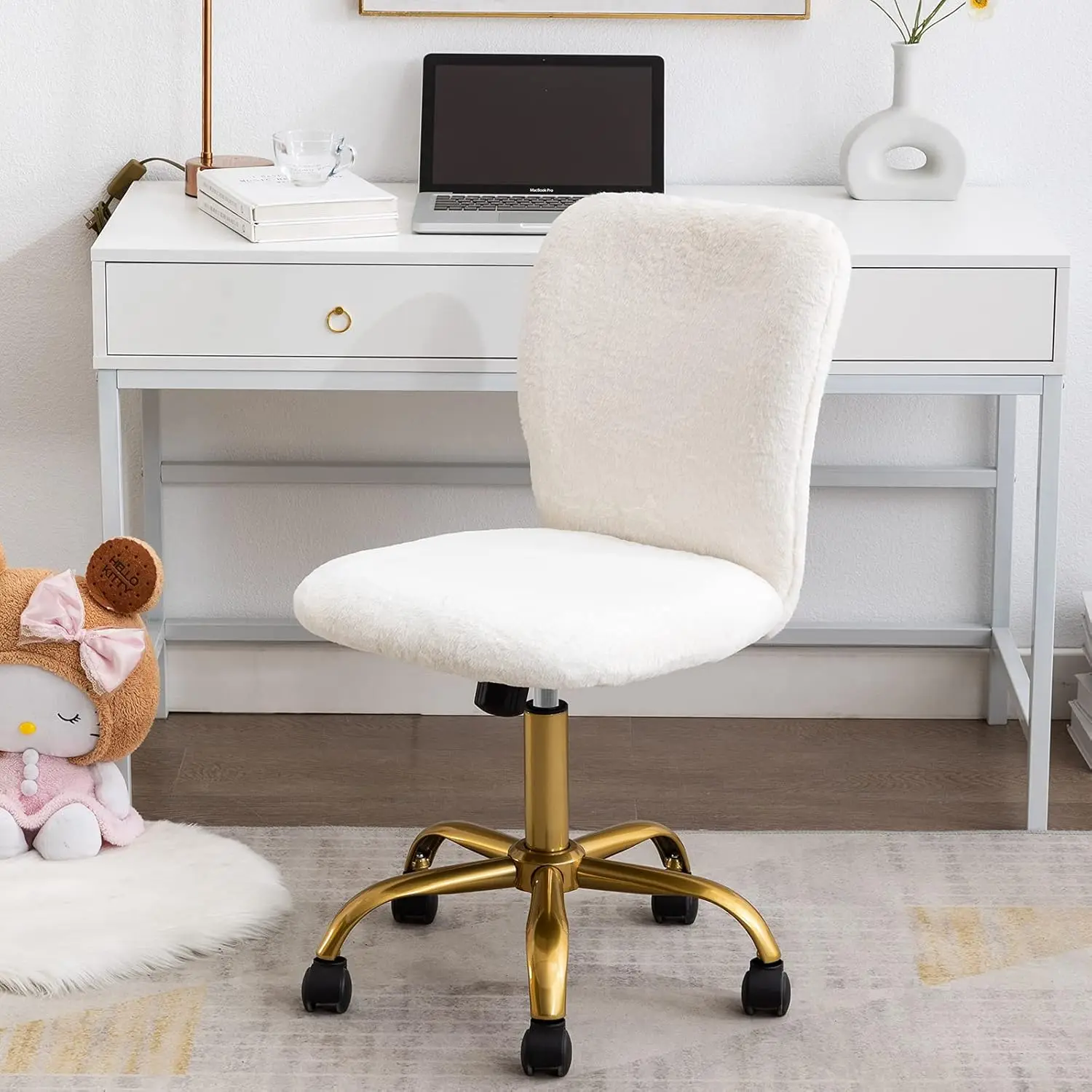 Modern White Faux Fur Vanity Chair with Wheels, Height Adjustable Home Office Desk Chair for Girls & Women - Golden Base Swivel