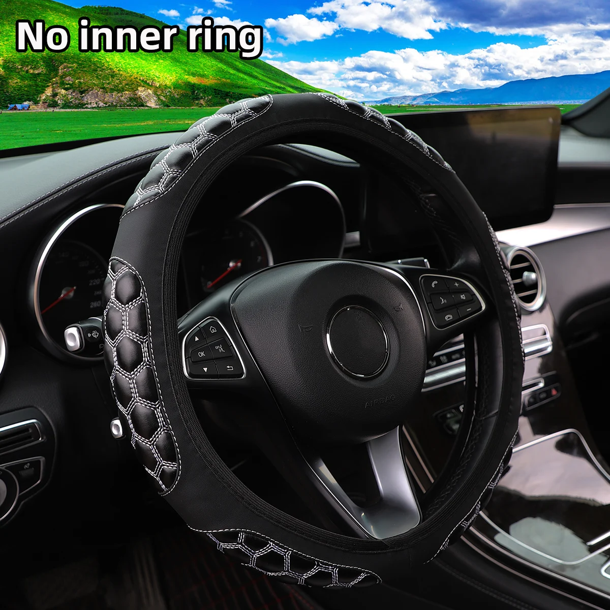 

Черно-белый кожаный шестиугольный вышитый чехол на руль без оправы, аксессуар для салона автомобиля для колес 14-15 дюймов
