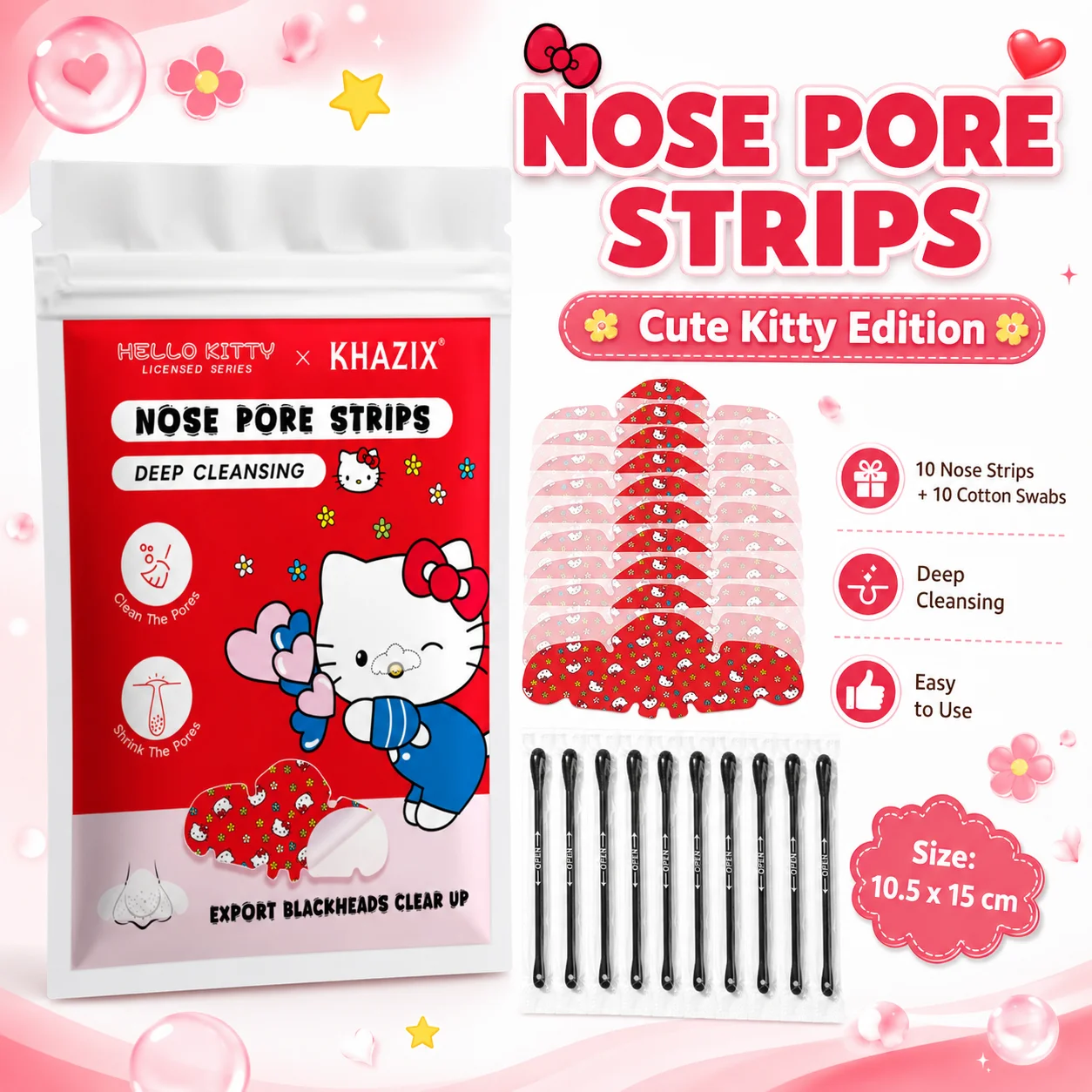 10 pieces + 10 pieces Hello Kitty nose patches, cute cartoon nose patches paired with cotton swabs, a deep-cleaning facial care