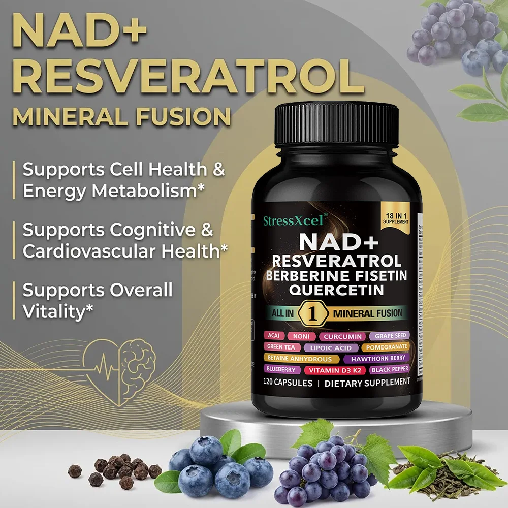 NAD+ Supplement with Resveratrol Quercetin Berberine, Boost NAD Levels, Anti-Aging, Cellular Energy & Heart Health, Antioxidant