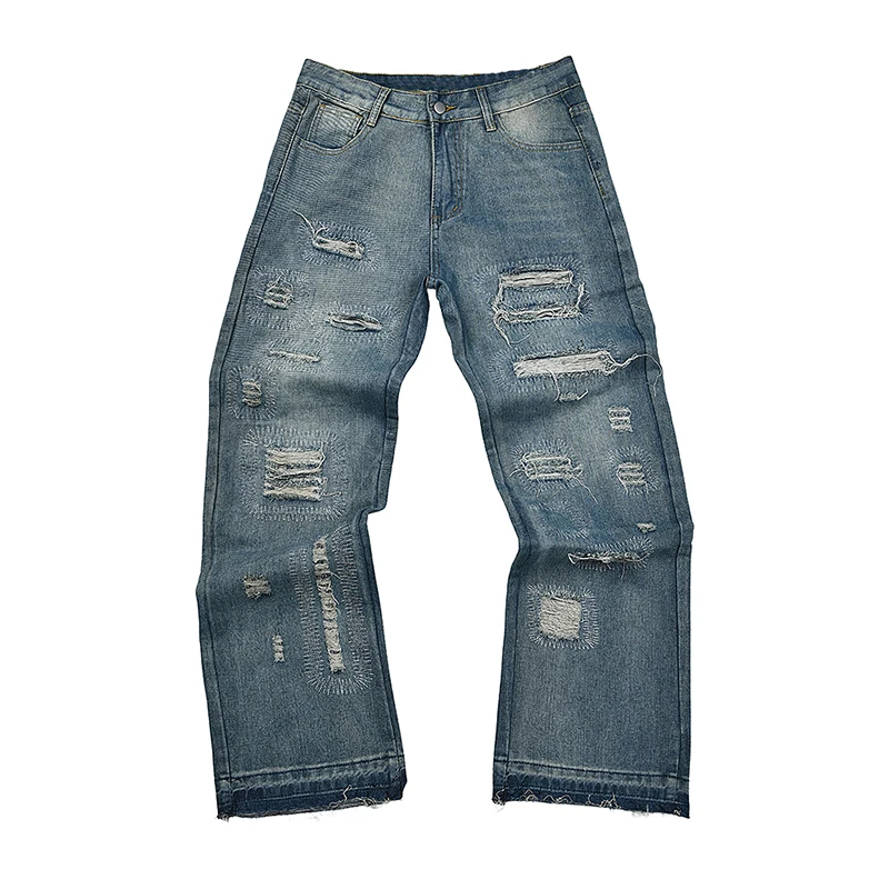 

Men's Street Blue Jeans with Wide Legs, Retro Distressed 25-second New Jeans, Fashionable Hip-hop