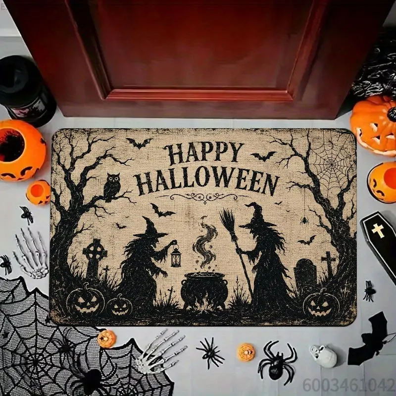 Halloween Hey Boo Slogan Entry Mat, Cute Ghost Black Cat Pumpkin Pattern Non‑Slip Decorative Doormat