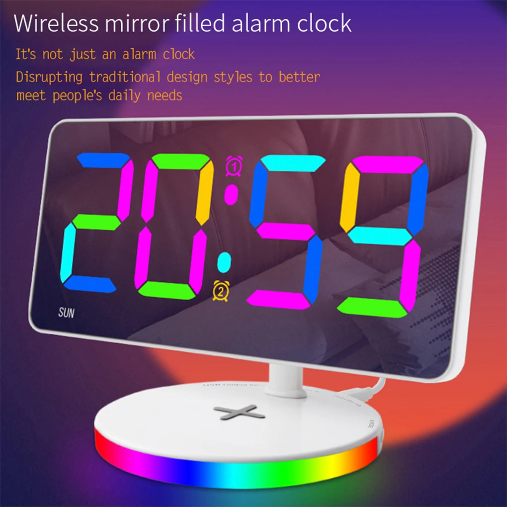 

LED Colorful RGB Mirror Digital Electronic Alarm Clock with Wireless Charging Night Light Creative Large Screen Desktop Clock