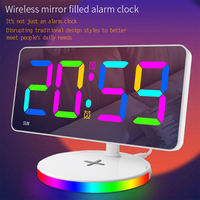 LED Colorful RGB Mirror Digital Electronic Alarm Clock with Wireless Charging Night Light Creative Large Screen Desktop Clock