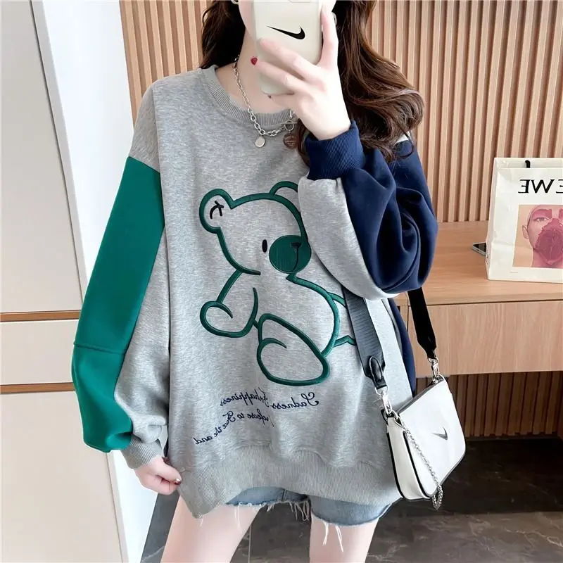 Fashion Loose Spliced Embroidery Casual T-Shirt Female Clothing 2023 Autumn Oversized Cartoon Tops All-match Tee Shirts