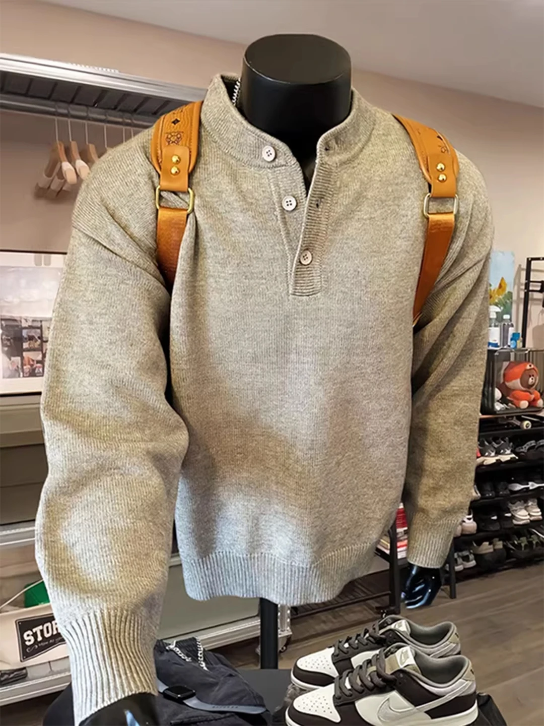 

Свитер в американском стиле с воротником Хенри для мужчин и женщин, осенне-зимний, теплый, вязаный, свободного кроя, из пряжи, базовый слой, повседневный, модный, брендовый, в стиле Lazy Style