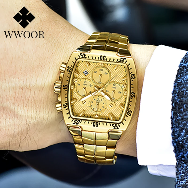 WWOOR Fashion Men Watch Military Luxury Watches For Men Quartz Clock Waterproof Chronograph Wristwatches Gold Relogio Masculino