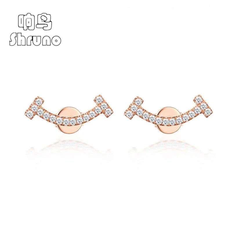 Shruno Real 18k Rose Gold Au750 Smiling Moissanite Diamond Stud Earrings Set Simple Curved Smiling Earrings Women Trendy Jewelry