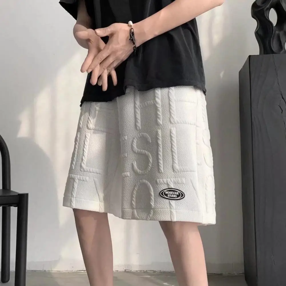 Men Solid Color Shorts Men's Elastic Waist Summer Shorts Wide Leg Casual Sport Pants with Letter Print for Streetwear