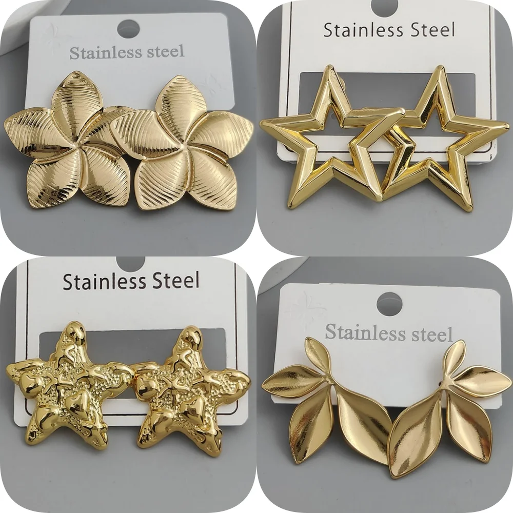 Creative heavy metal pentagonal star leaves stainless steel earrings, waterproof and rusty-free women's earrings, party jewelry