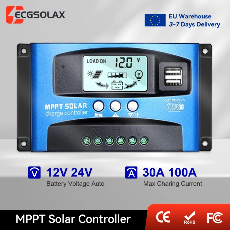Contrôleur de charge solaire MPPT ECGSOLAX 30A 100A 12V 24V automatique avec écran LCD, régulateur de panneau solaire pour batterie, tension PV max. 50VDC