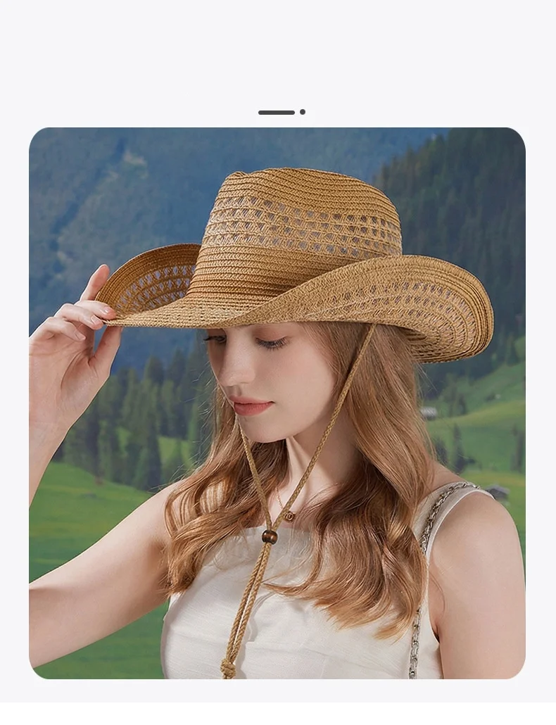 Atmungsaktiver, luftdurchlässiger Strohhut aus gewebtem Denim mit schwarzem Rand und Kontrastfarben, mit winddichtem Riemen, geeignet für den Sonnenschutz am Strand, unisex, ideales Geschenk für den Urlaub. – Detail 4