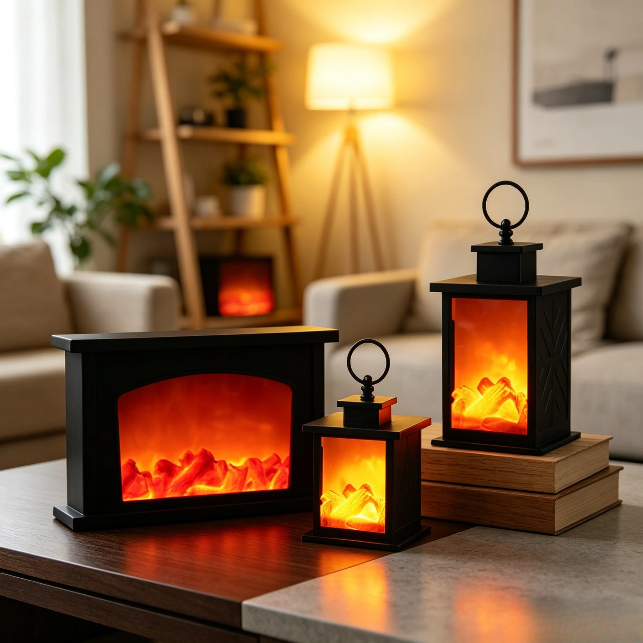 LED Charcoal Flame Lantern Fireplace Lamp Christma Decor Night Light Courtyard Bedroom Living Room Tabletop Decorative