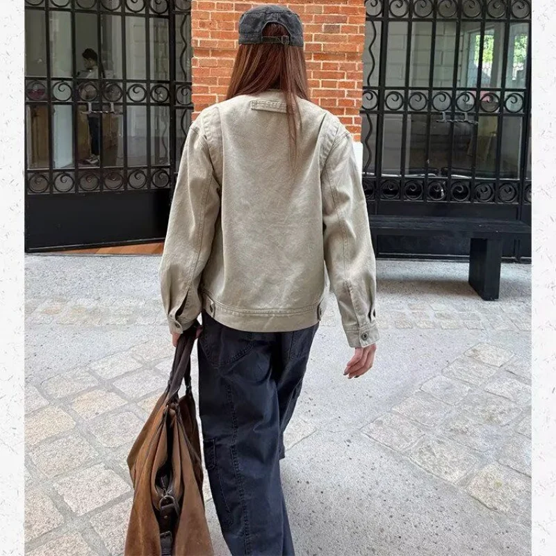 Unisex Vintage Contrast Collar Spliced Jacket Lady Khaki Spring Autumn Trendy Cool Fashion Spring Autumn Cool Workwear Outerwear