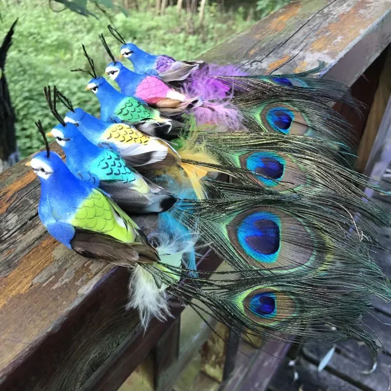 3PCS,Real feather Craft Mini-Peacock With Magnet/Foot,Artificial Foam decrative Birds for Wedding Party Garden home Decoration