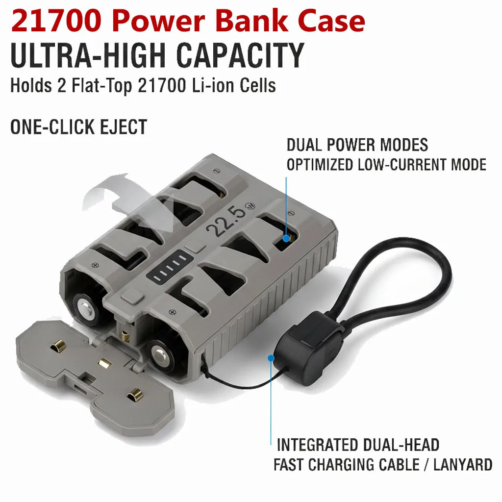 2×21700 Power Bank Case 22.5W Bidirectional Fast Charging Portable Battery Case Detachable DIY Battery Case Kit Without Battery