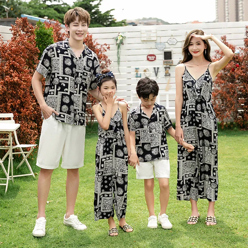 2026 Summer Boho Family Matching Outfits Paisley Print Jumpsuit & Shirt Set for Mom Dad Kids Beach Vacation Photoshoot