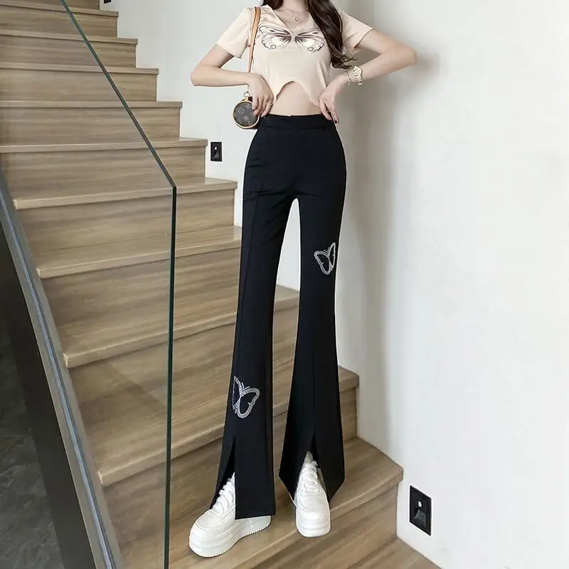 กางเกงบานเล็กน้อยสําหรับผู้หญิงฤดูใบไม้ผลิและฤดูร้อน 2025 ใหม่เอวสูงเข้ารูปพอดียืดกรีดกางเกงลําลอง