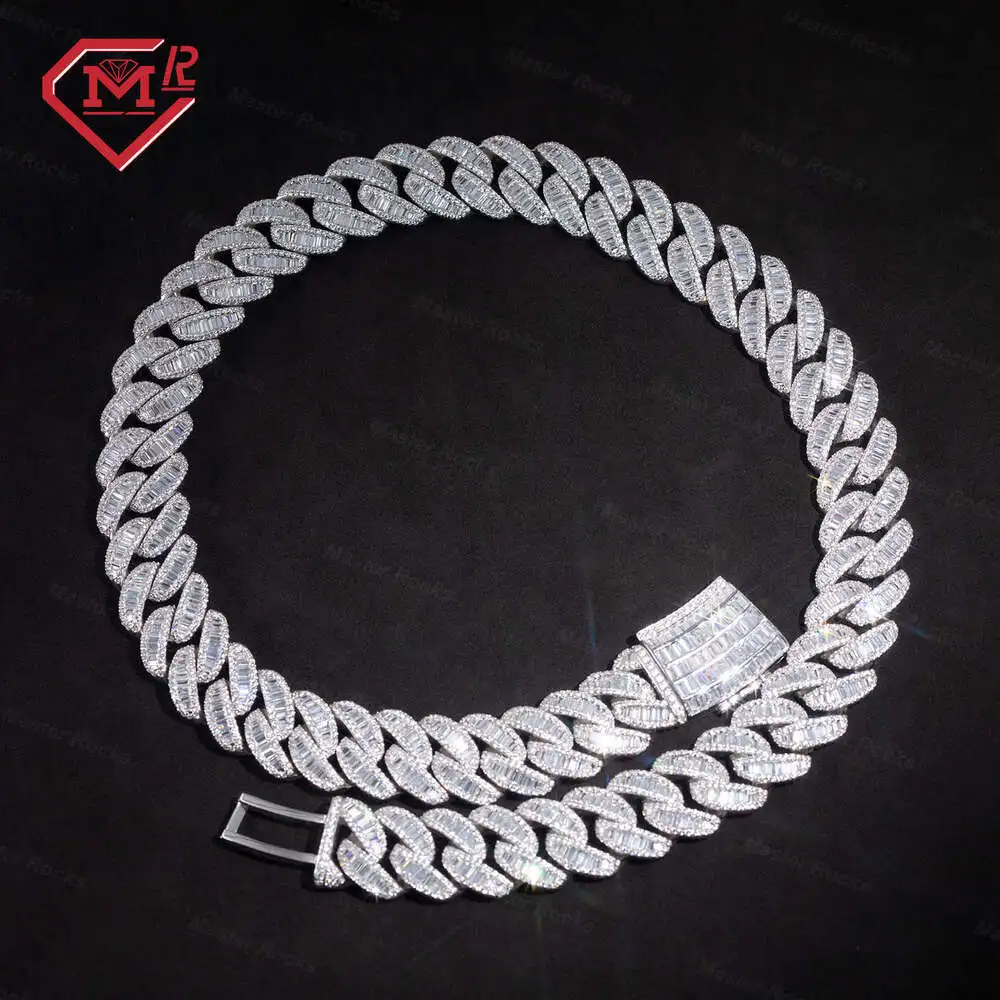 Iced Out Miami Cuban Link Chain Solid Silver 925 Men Hip Hop Bling 15mm Vvs1 d Moissanite Chain Baguette