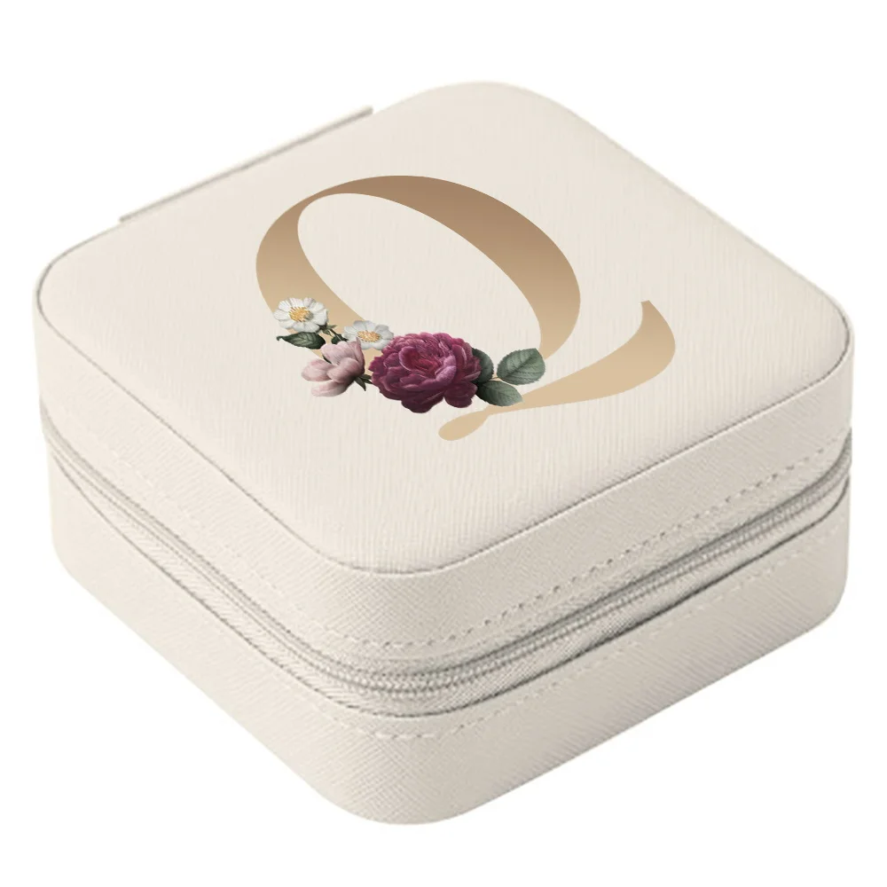 Caja de almacenamiento de joyas portátil, organizador de viaje con estampado de letras, almacenamiento de cuero, pendientes, collar, cajas, anillo, exhibición