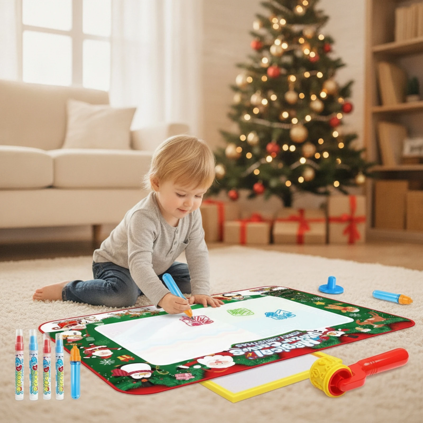 Water Doodle Mat with Templates Reusable Water Drawing Mat with Pens Toy Travel-Friendly Educational for Children, Home