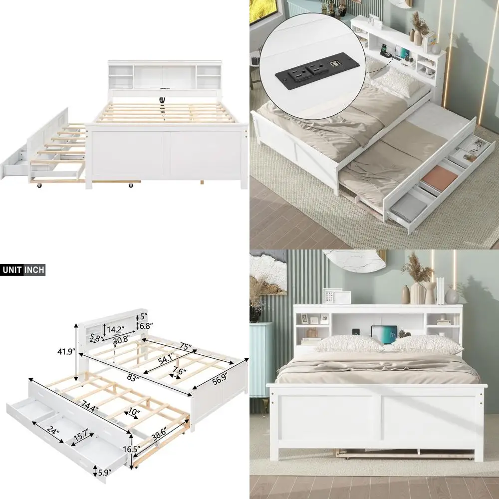 

Белая деревянная кровать-платформа полноразмерная с местом для хранения, книжным шкафом, зарядной станцией и опциональной выдвижной кроватью для детей и взрослых