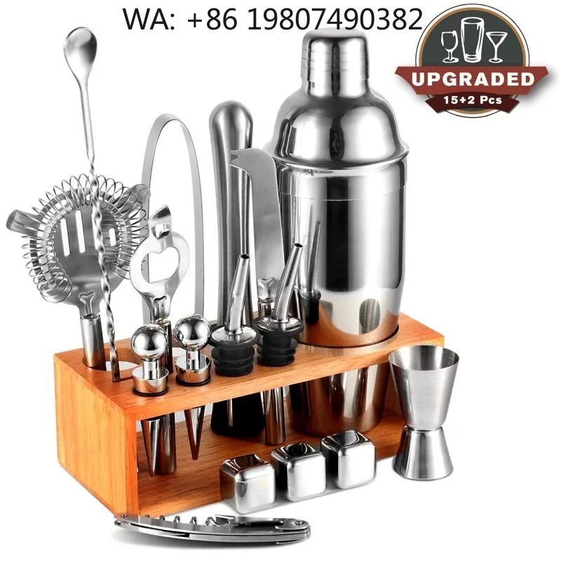 17Pcs Essential Bar Mixology Supplies, 750ml Boston Shaker Jigger Bottle Opener Whiskey Stones Stand, Complete Bartender Kit
