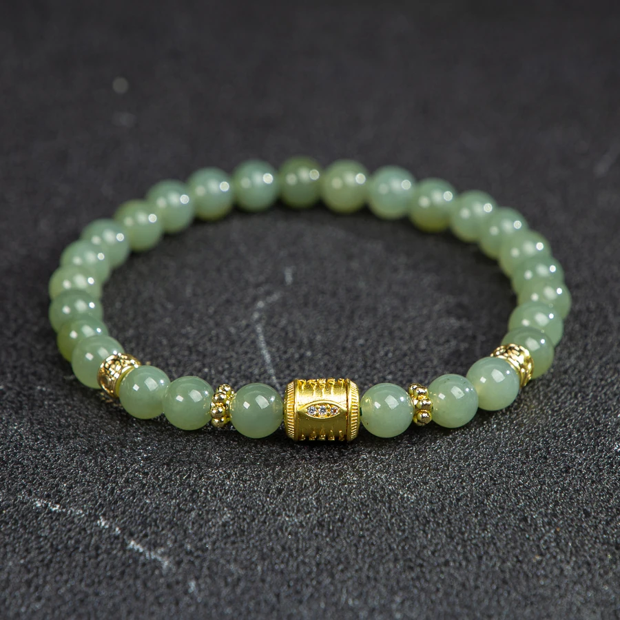 

TIMESWIND Natural Green Jade Original Round Beaded Alloy Scripture Women Bracelet with Certificate