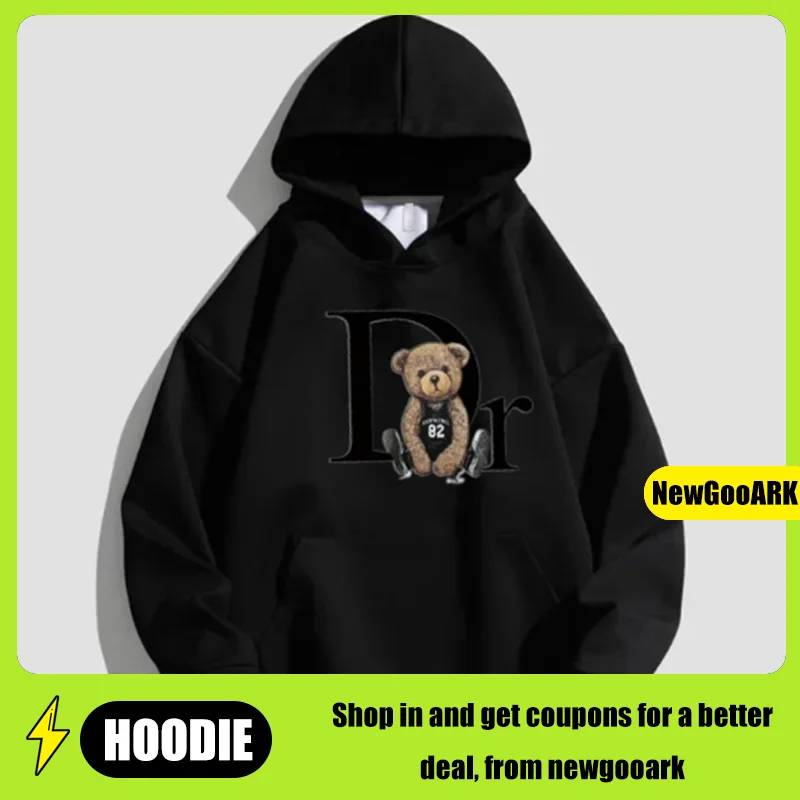 LE Men's hoodie, casual personality, teddy bear print hoodie, sports fitness fashion sweatshirt, casual pullover, street style