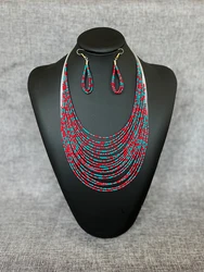 Bohemian Ethnic Style Multi layered Christmas Rice Beads Colorful Necklace Earring Set