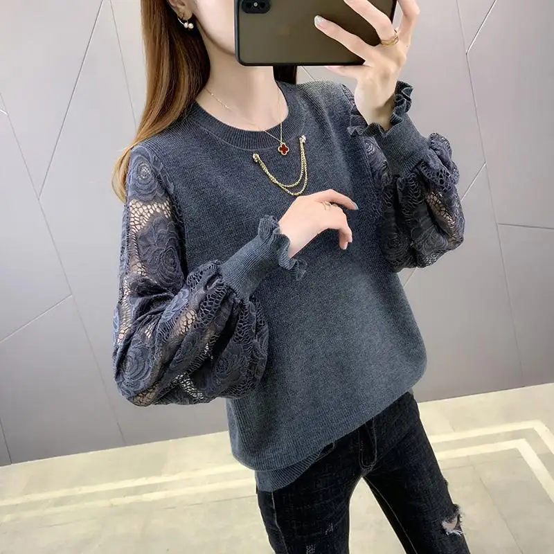 Lace Spliced Fashion Long Sleeve Loose Knitted Sweaters Ladies Commuter Thin Jumpers Autumn Elegant Women\'s Clothing for 2022