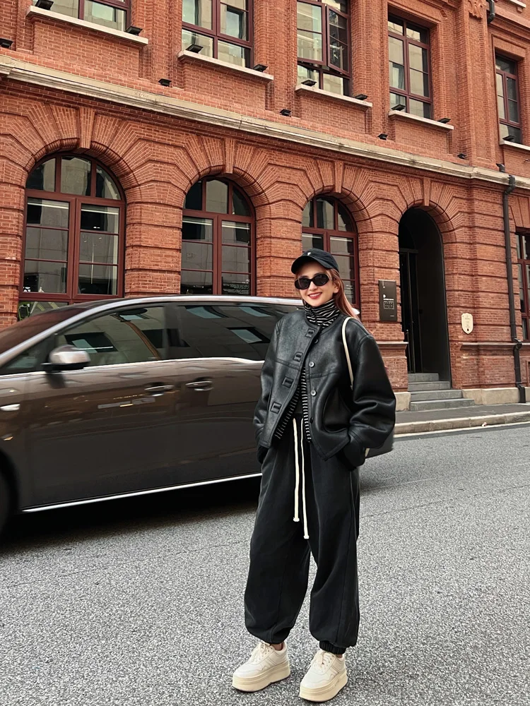 

Женская кожаная куртка LADYC в стиле ретро, утепленная, свободного кроя, двусторонняя, осенне-зимняя, модная верхняя одежда