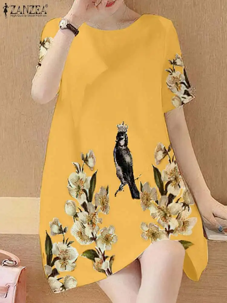 ZANZEA donna abiti con stampa retrò Vintage manica corta Mini prendisole 2024 vacanze estive girocollo abiti Casual femminili Vestidos